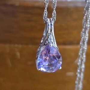 Sterling Silver Teardrop Amethyst Pendant 21in Long Twisted Necklace